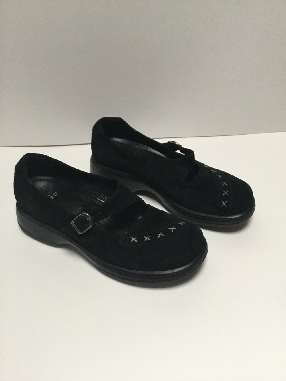 Dansko Black Suede Mary Jane Flats with Cross-Stitch Detail